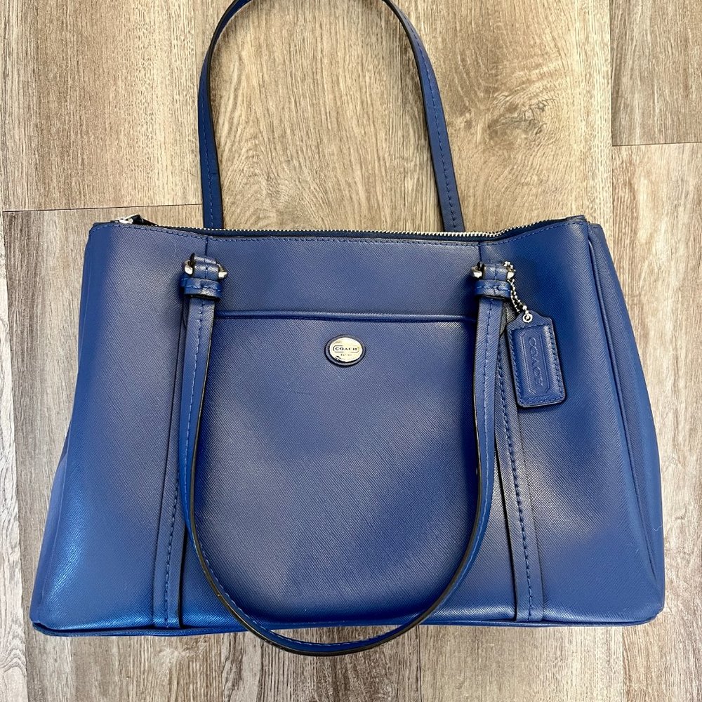Coach Peyton Signature Double Zip Carryall Satchel Bag Royal Blue Saffiano